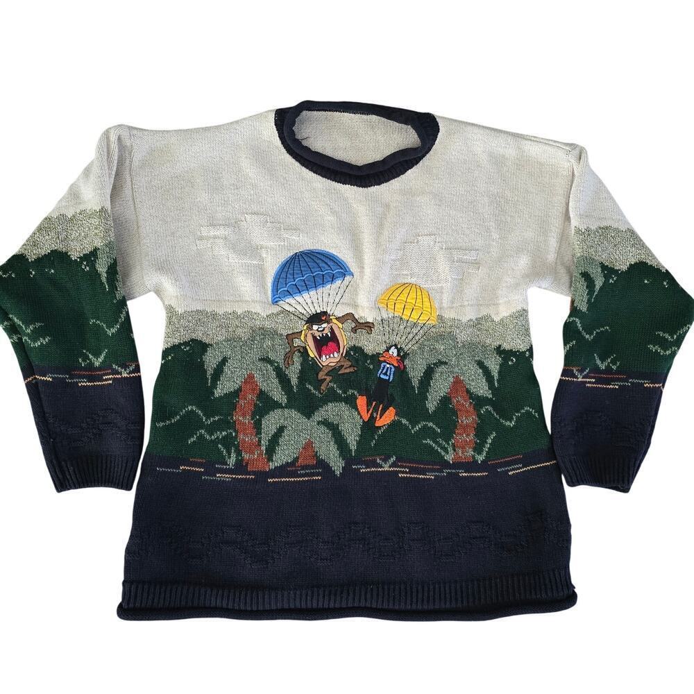 VTG 90s St Michael Looney Tunes Novelty Sweater Taz & Daffy Parachute  Sz S Rare - Picture 2 of 8